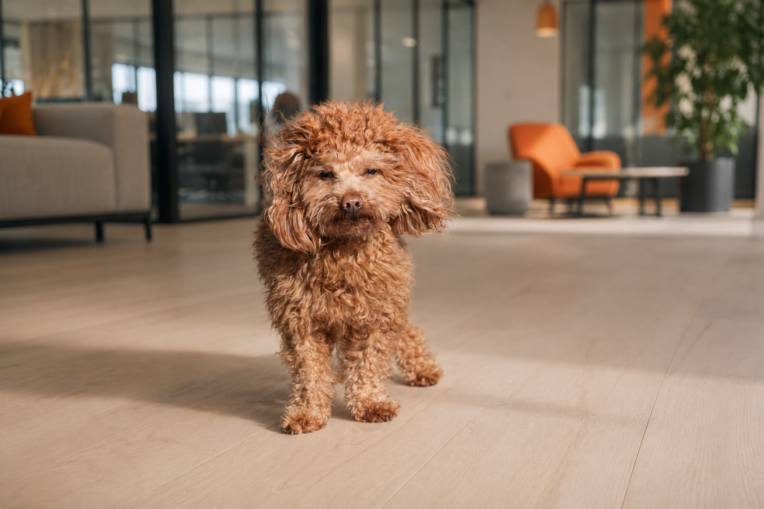 The unchanged photograph of the small brown dog placed in an AI-generated modern office