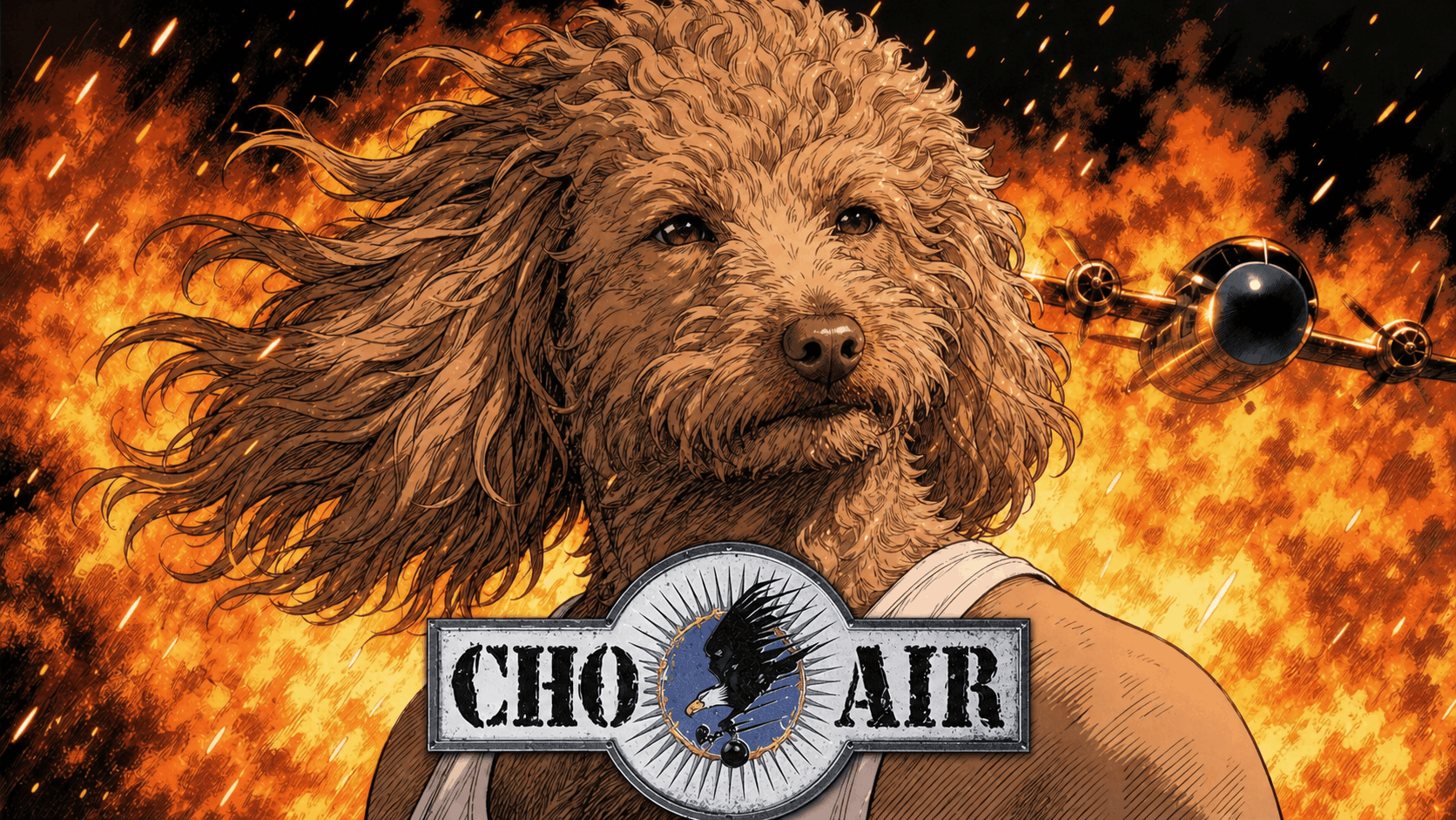 Clearly fictional illustrated action-movie poster featuring the dog and a plane