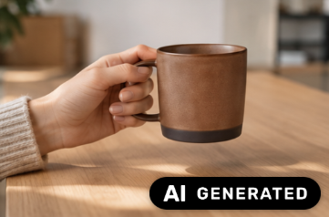 Realistic AI-generated woman's hand holding a brown coffee mug in an office, visibly labelled AI generated