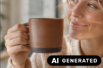 Photorealistic AI-generated woman holding the brown coffee mug in an office, visibly labelled AI generated