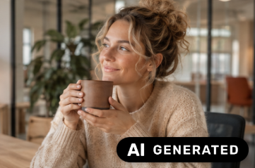 Fully synthetic photorealistic woman holding a brown coffee mug in an office, visibly labelled AI generated