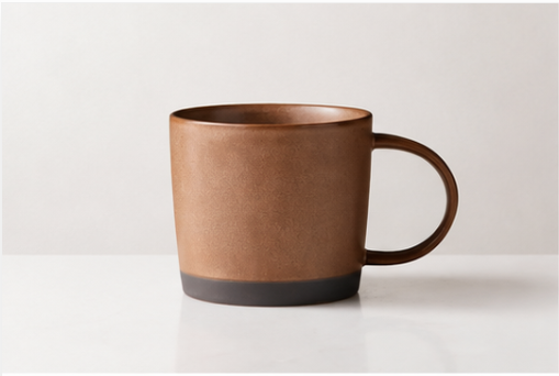 Brown ceramic coffee mug in a lightly enhanced studio photograph