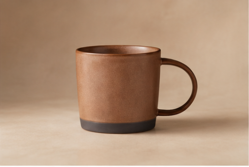 Real brown ceramic coffee mug packshot on an AI-generated warm neutral background