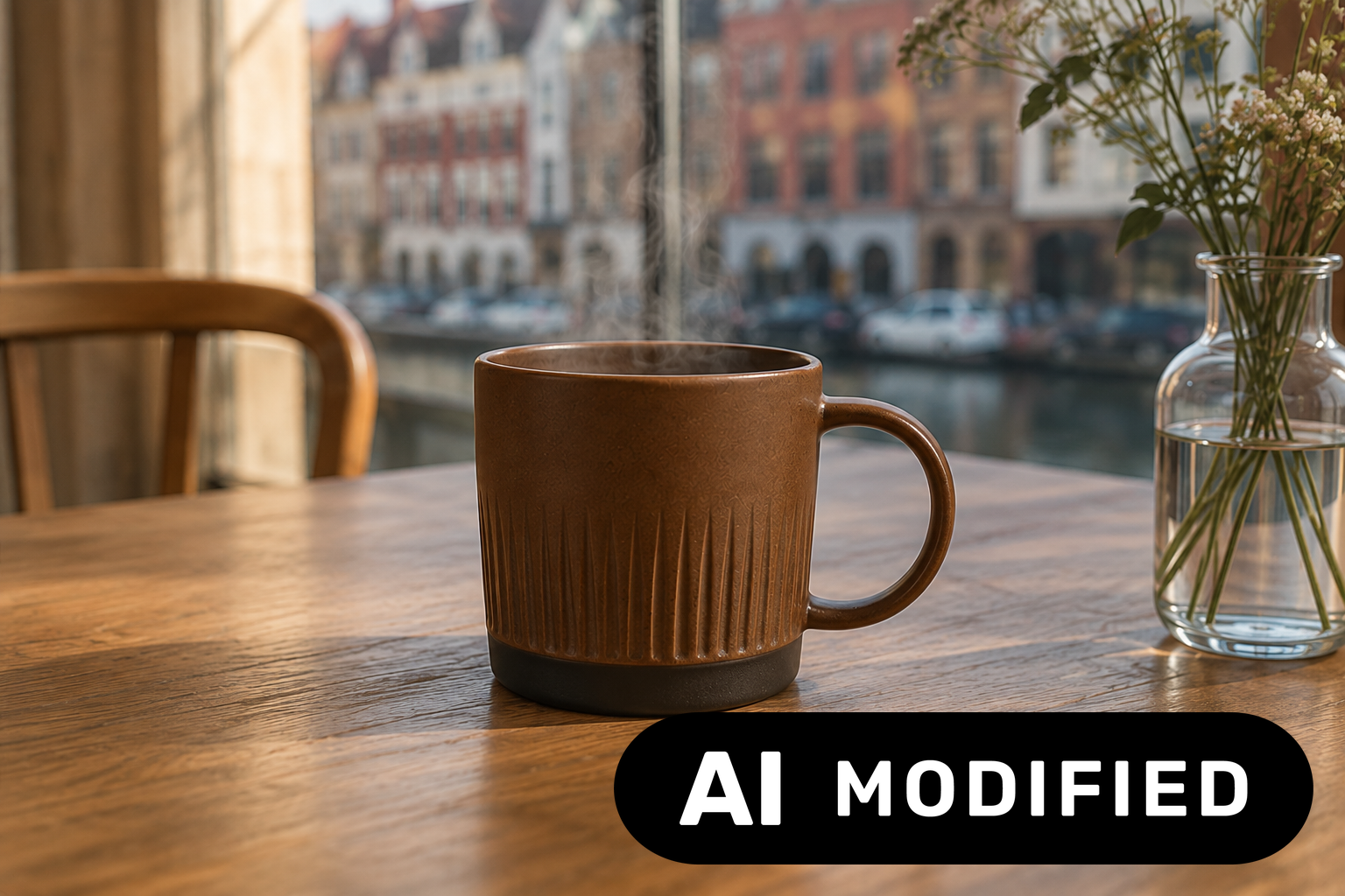AI-manipulated brown coffee mug in an AI-generated Copenhagen canal-side café, visibly labelled AI modified